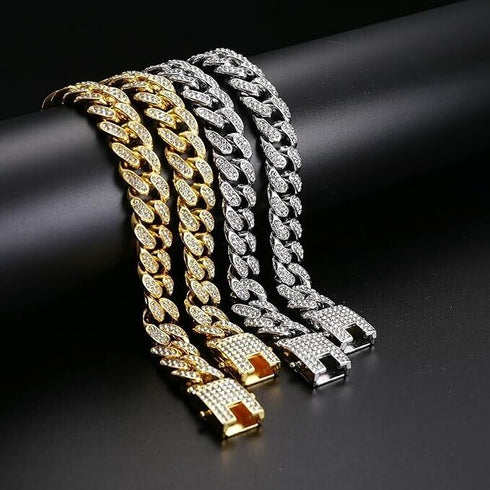 2 Pcs Iced Out Silver & Gold 18K Gold Plated Bling CZ Cuban Miami Link Bracelet